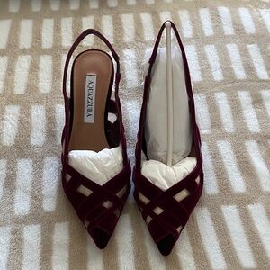 Aquazzura Burgundy Velvet Pointed Slingback Heels